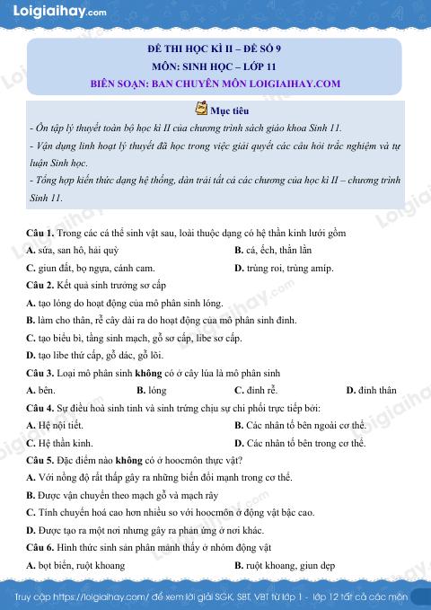 Đề số 9 – Đề kiểm tra học kì 2 – Sinh 11